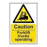 Caution Fork Lift Trucks Operating, 1.2mm Recyclable Polypropylene, W400mm x H600mm - Honesty Sales